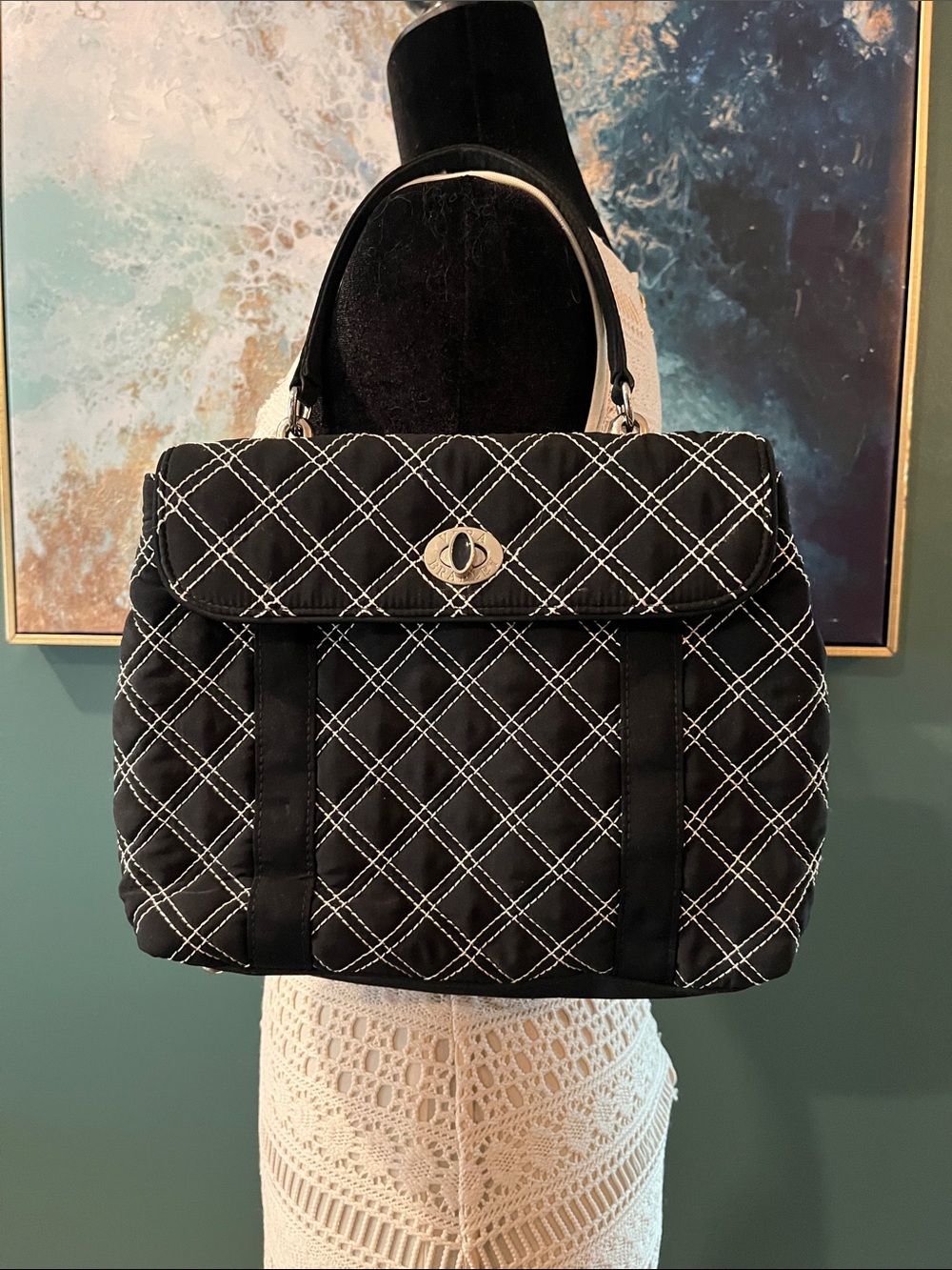 Vera Bradley Black Quilted Satchel with White Stitching - Picture 10 of 10